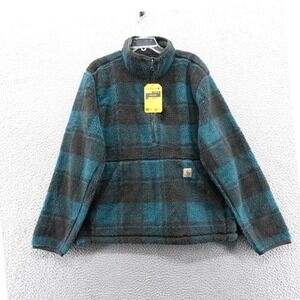 Carhartt Loose Fit Plaid Fleece Pullover Jacket Mens Large Black‎ Green NEW